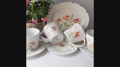 Juego de café 12 pcs porcelana pintada a mano amapolas único y artesanal.