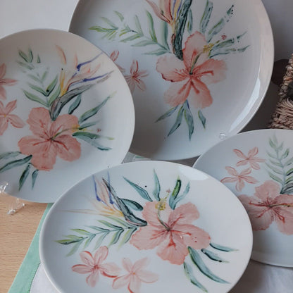 Vajilla set 4 porcelana pintada a mano tropical multicolor floral artesanal.