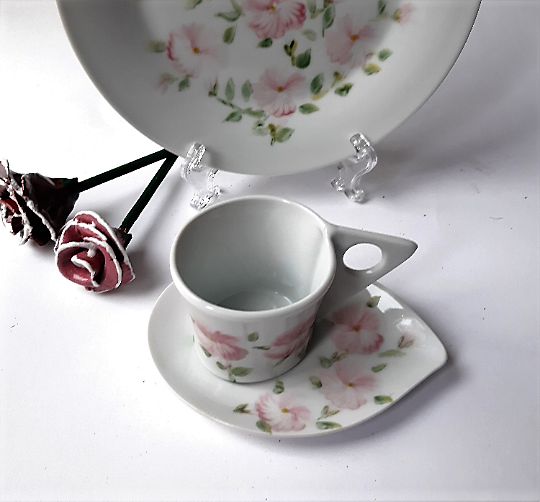 Hand-painted 12-piece coffee set, porcelain, pink petunias.