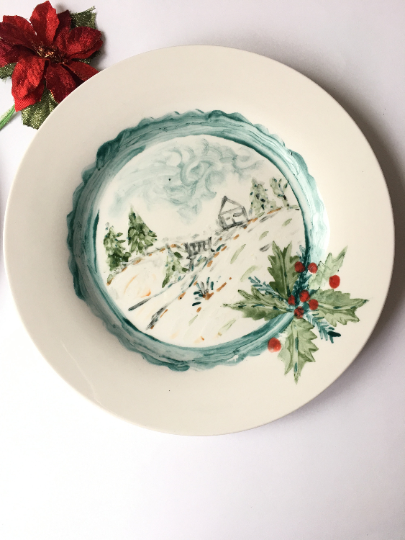 Platos set 2, esmaltados, porcelana pintado a mano, paisaje navideño nevado, vajilla, arte floral, objeto artesanal.