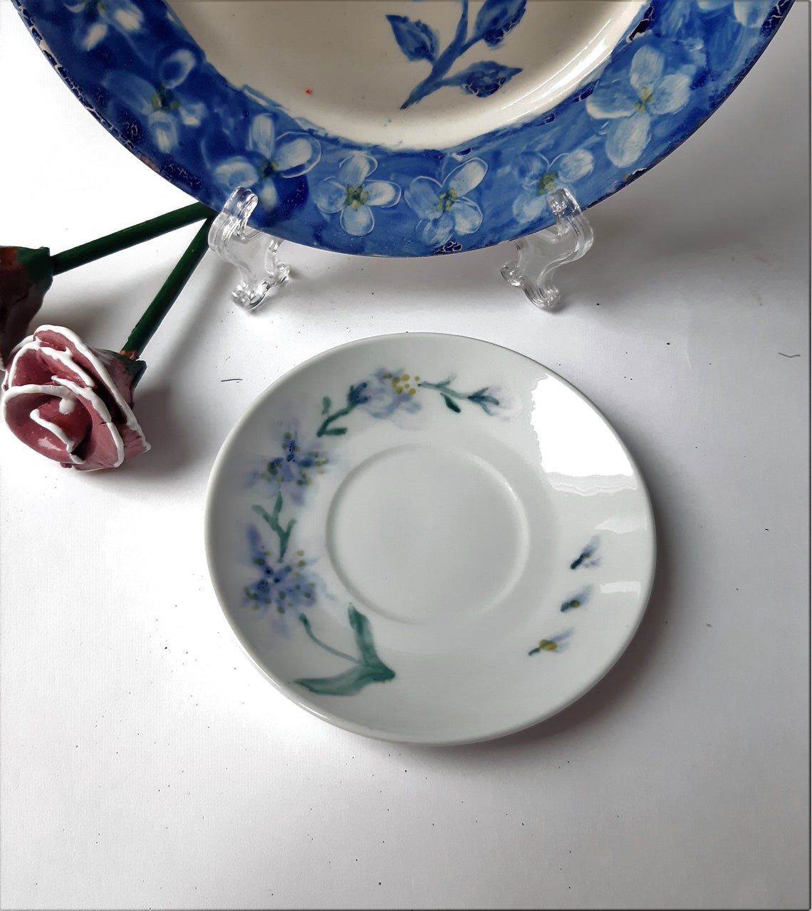 Juego de café  porcelana pintada a mano primaveras azul cobalto.