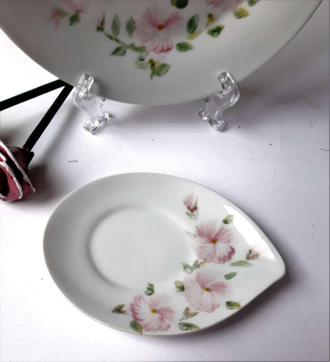 Hand-painted 12-piece coffee set, porcelain, pink petunias.